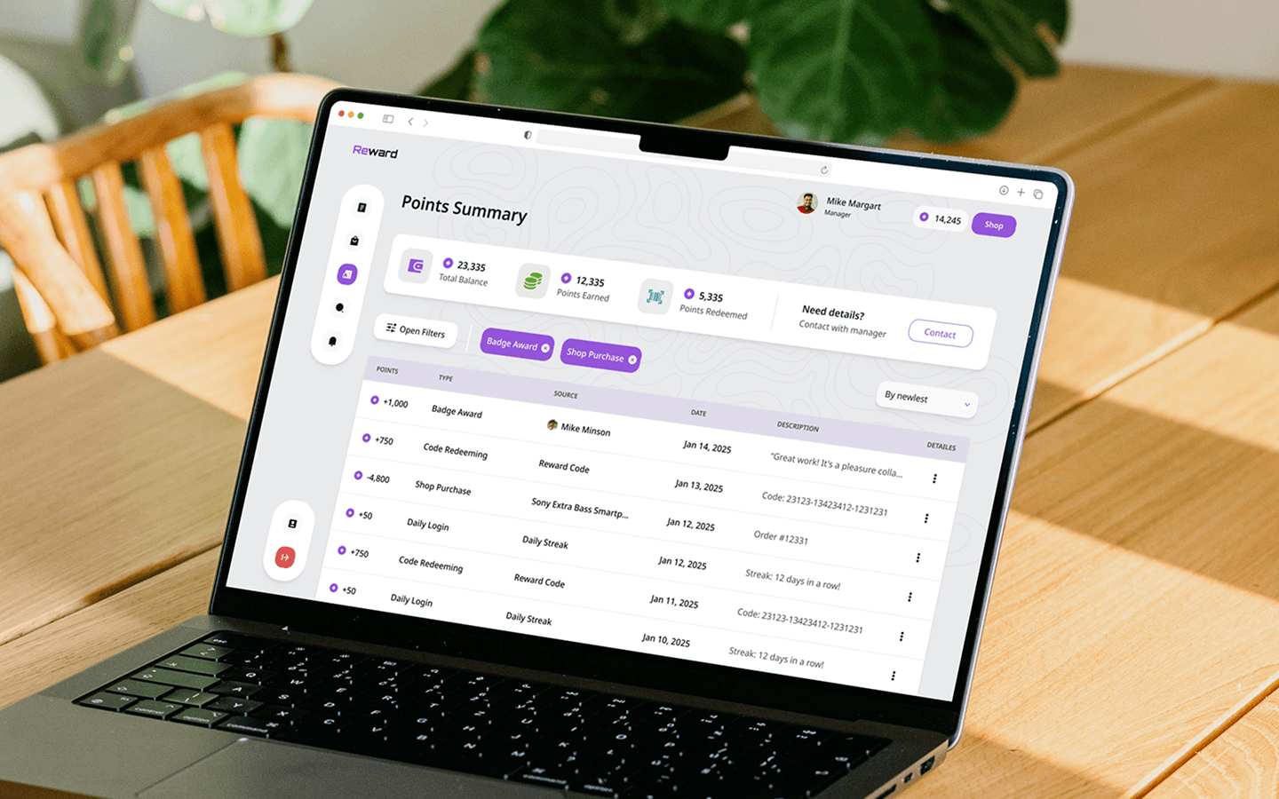 Reward platform interface